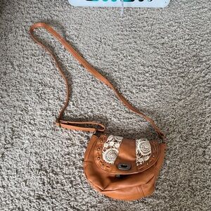 Tan Crossbody Bag with Lace Accents